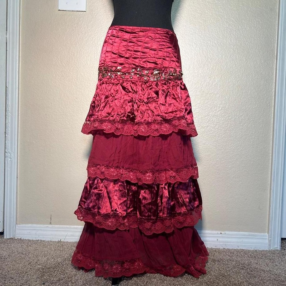 ETC Burgundy Tiered Maxi Skirt Lace Beaded Sequin Y2K Boho Fairy Large